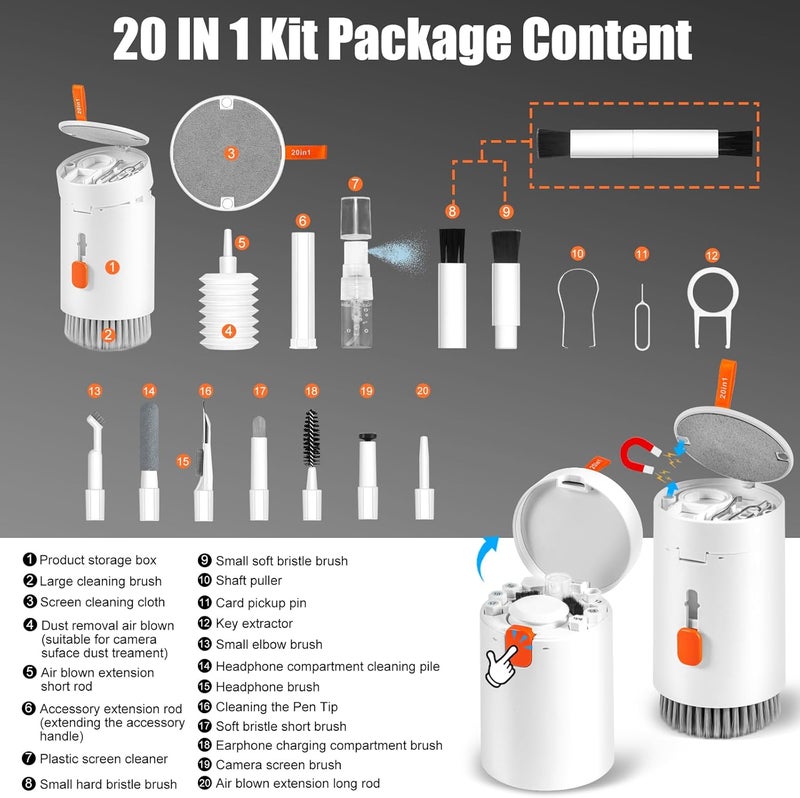 walrfid 2 Pack Laptop Phone Screen Cleaner Kit, Computer Keyboard Brush Cleaning Spray for iPhone AirPods MacBook iPad, 20-in-1 Electronic Device Tool for Camera Earbud TV Tablet Car Screens, White - Image 2
